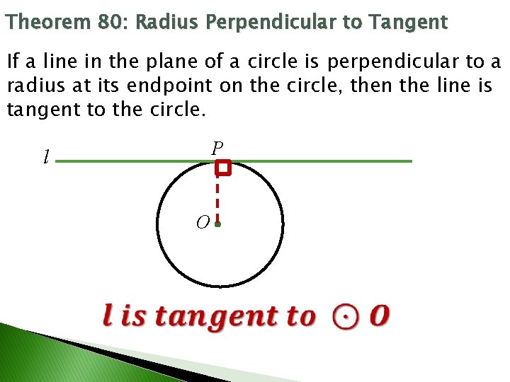 Theorem 80: Radius Perpendicular to Tangent If a line in the plane of a