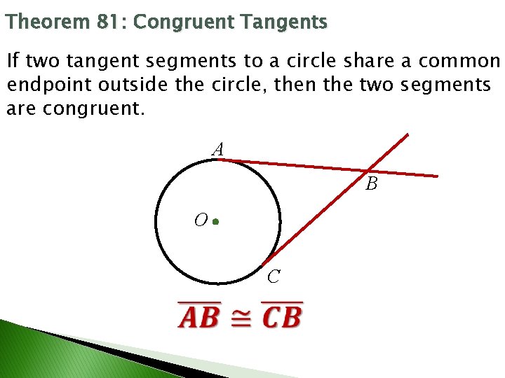 Theorem 81: Congruent Tangents If two tangent segments to a circle share a common