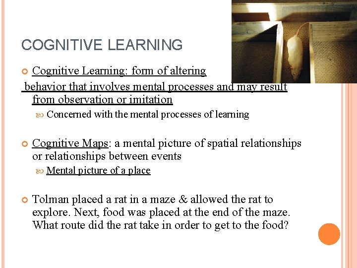 COGNITIVE LEARNING Cognitive Learning: form of altering behavior that involves mental processes and may