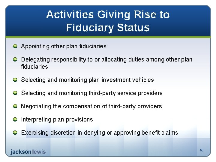 Activities Giving Rise to Fiduciary Status Appointing other plan fiduciaries Delegating responsibility to or
