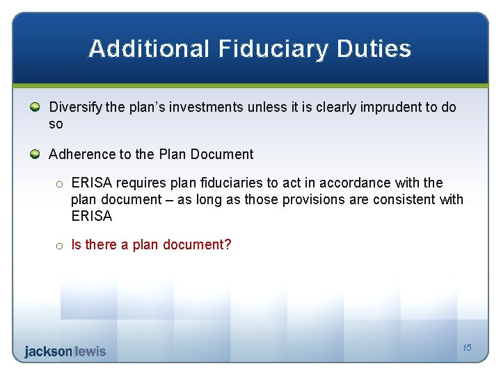 Additional Fiduciary Duties Diversify the plan’s investments unless it is clearly imprudent to do