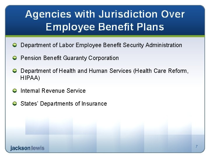 Agencies with Jurisdiction Over Employee Benefit Plans Department of Labor Employee Benefit Security Administration