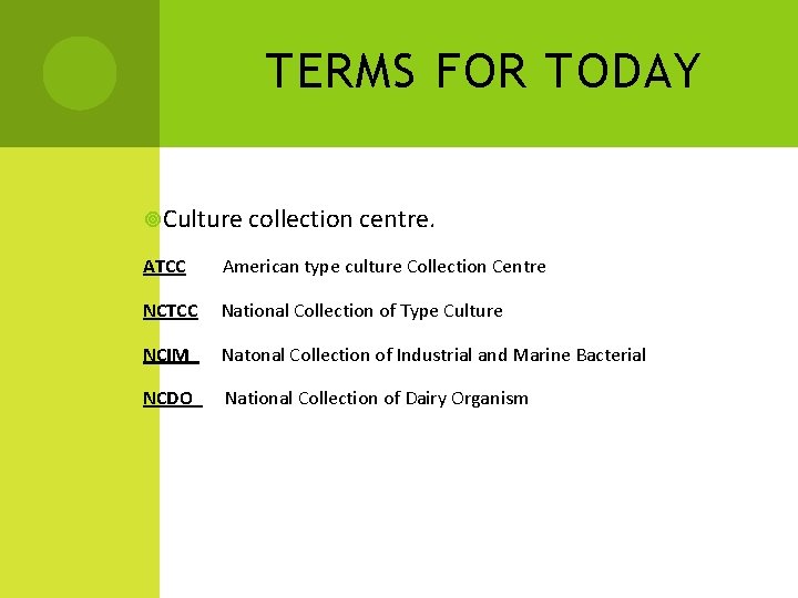 TERMS FOR TODAY Culture collection centre. ATCC American type culture Collection Centre NCTCC National