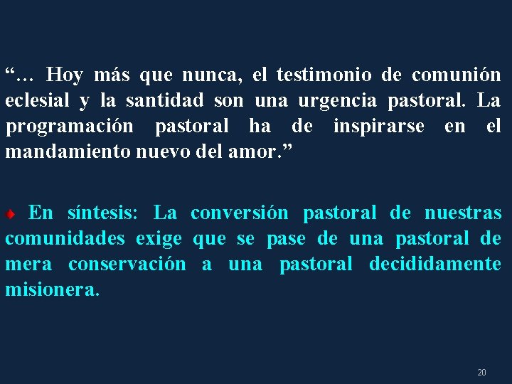 “… Hoy más que nunca, el testimonio de comunión eclesial y la santidad son