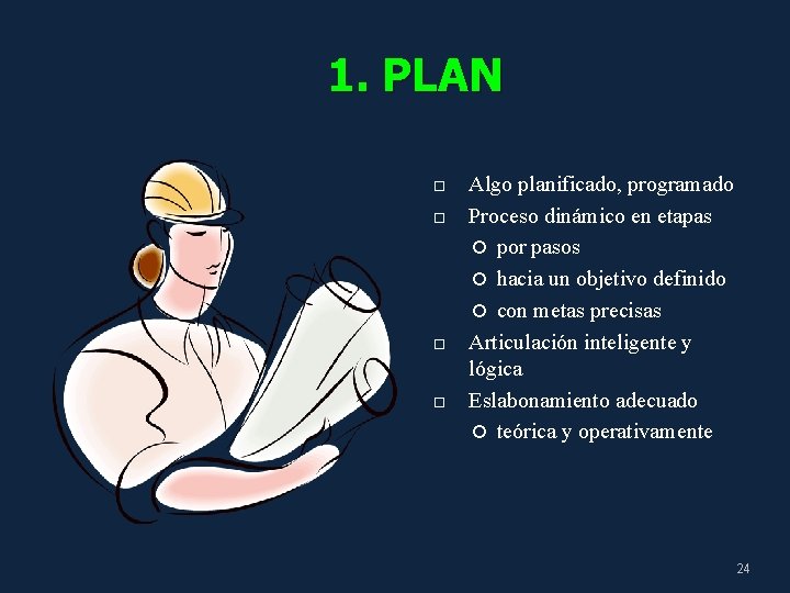 1. PLAN Algo planificado, programado Proceso dinámico en etapas por pasos hacia un objetivo