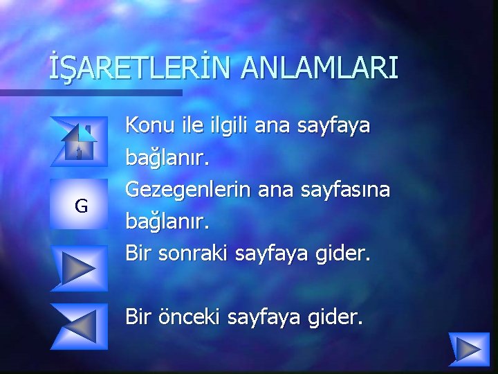 İŞARETLERİN ANLAMLARI G Konu ile ilgili ana sayfaya bağlanır. Gezegenlerin ana sayfasına bağlanır. Bir