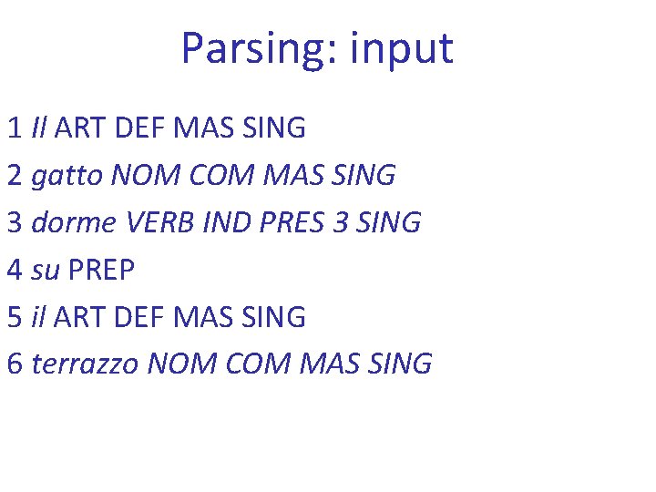 Parsing: input 1 Il ART DEF MAS SING 2 gatto NOM COM MAS SING