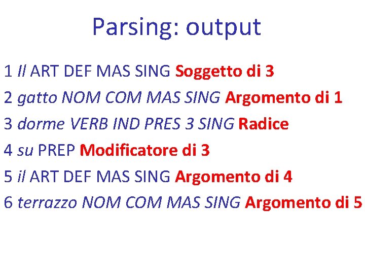 Parsing: output 1 Il ART DEF MAS SING Soggetto di 3 2 gatto NOM