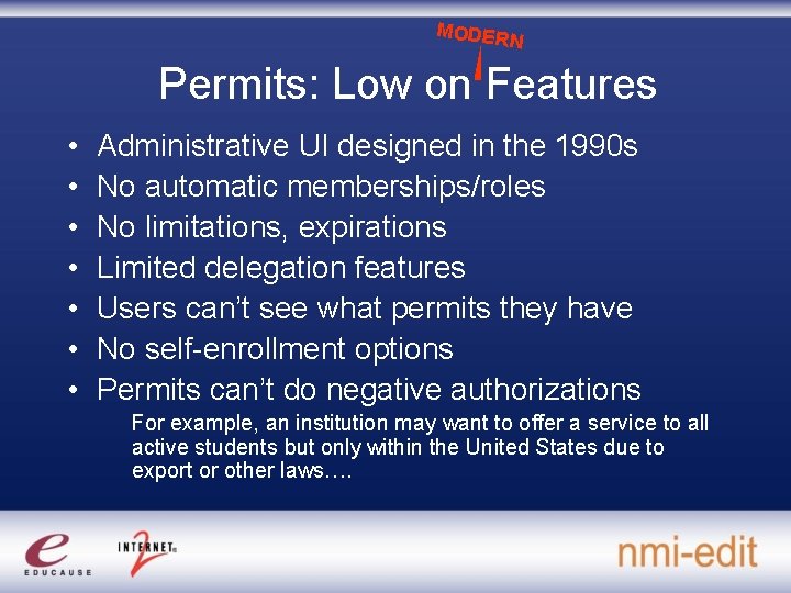 MODER N Permits: Low on Features • • Administrative UI designed in the 1990