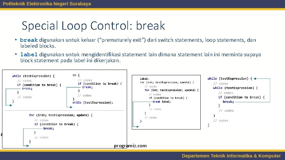 Special Loop Control: break • break digunakan untuk keluar (“prematurely exit”) dari switch statements,