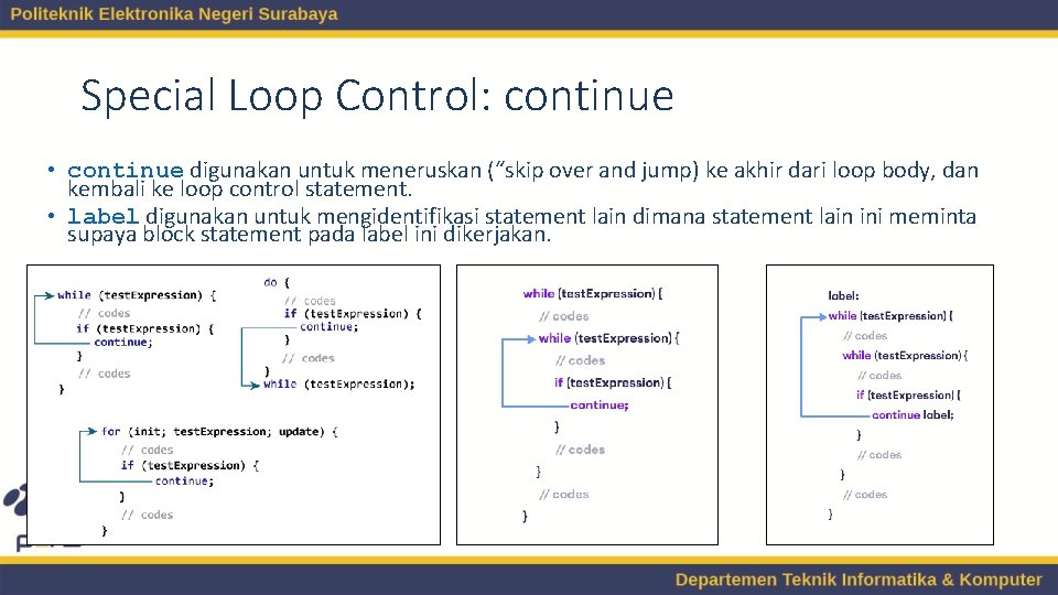 Special Loop Control: continue • continue digunakan untuk meneruskan (“skip over and jump) ke