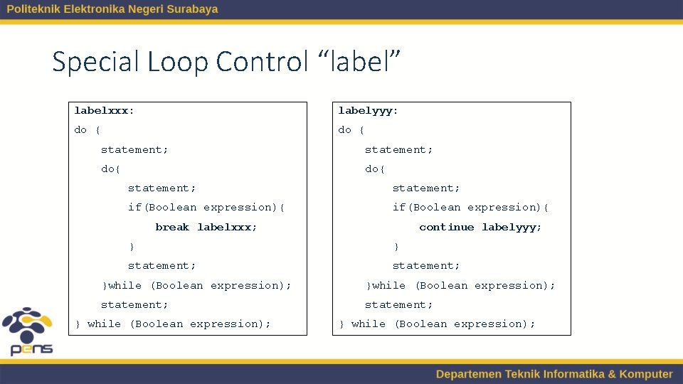 Special Loop Control “label” labelxxx: labelyyy: do { statement; do{ statement; if(Boolean expression){ continue
