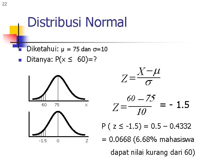 22 Distribusi Normal n n Diketahui: μ = 75 dan σ=10 Ditanya: P(x ≤