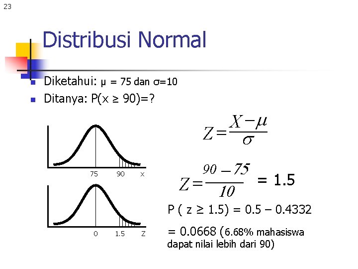 23 Distribusi Normal n n Diketahui: μ = 75 dan σ=10 Ditanya: P(x ≥