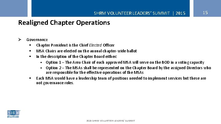 SHRM VOLUNTEER LEADERS’ SUMMIT | 2015 15 Realigned Chapter Operations Ø Governance § Chapter