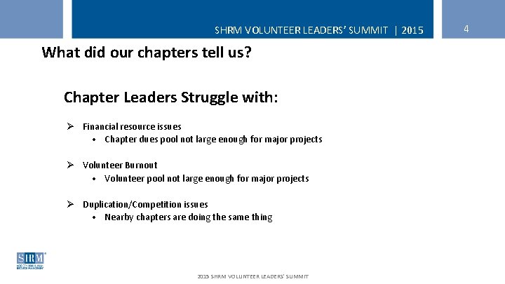 SHRM VOLUNTEER LEADERS’ SUMMIT | 2015 What did our chapters tell us? Chapter Leaders