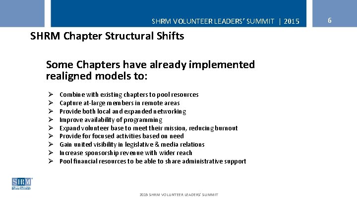 SHRM VOLUNTEER LEADERS’ SUMMIT | 2015 SHRM Chapter Structural Shifts Some Chapters have already