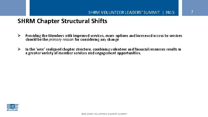 SHRM VOLUNTEER LEADERS’ SUMMIT | 2015 SHRM Chapter Structural Shifts Ø Providing the Members