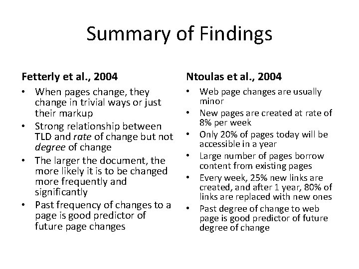 Summary of Findings Fetterly et al. , 2004 Ntoulas et al. , 2004 •