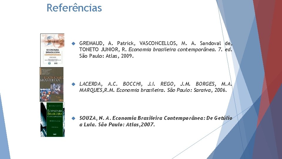 Referências GREMAUD, A. Patrick, VASCONCELLOS, M. A. Sandoval de, TONETO JUNIOR, R. Economia brasileira
