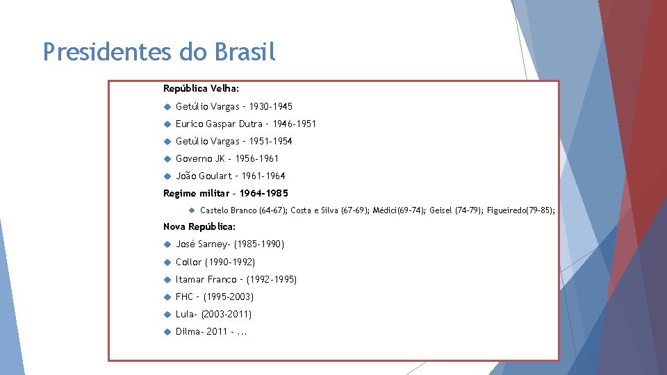 Presidentes do Brasil República Velha: Getúlio Vargas – 1930 -1945 Eurico Gaspar Dutra –