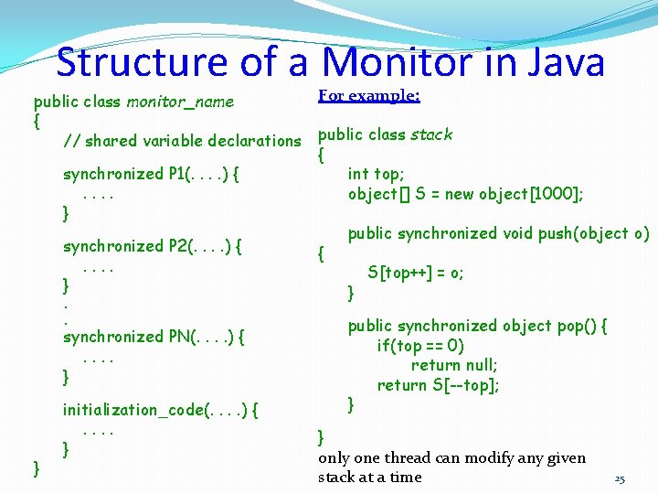 Structure of a Monitor in Java public class monitor_name { // shared variable declarations