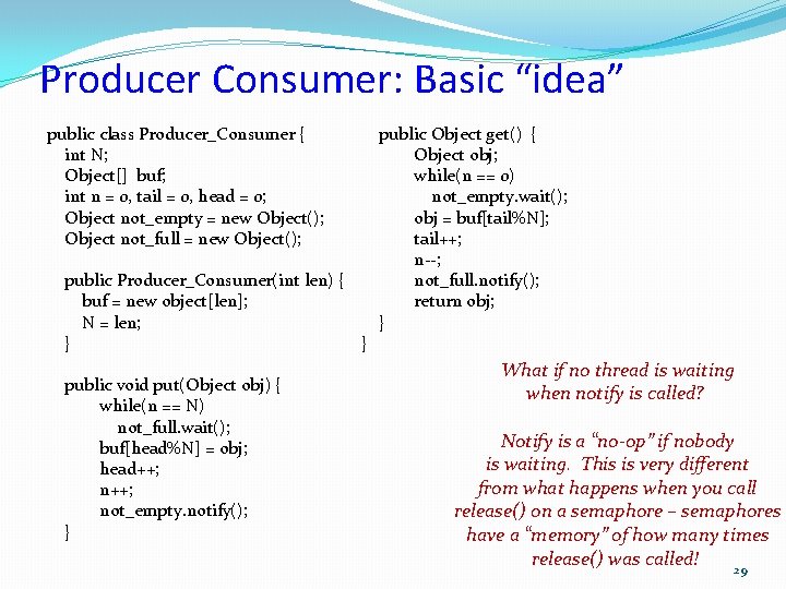 Producer Consumer: Basic “idea” public class Producer_Consumer { int N; Object[] buf; int n