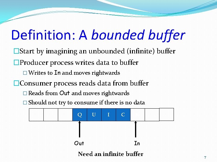 Definition: A bounded buffer �Start by imagining an unbounded (infinite) buffer �Producer process writes