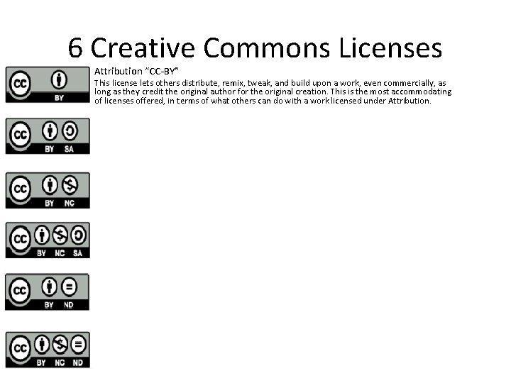 6 Creative Commons Licenses Attribution “CC-BY” This license lets others distribute, remix, tweak, and