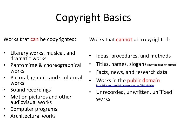 Copyright Basics Works that can be copyrighted: • Literary works, musical, and dramatic works