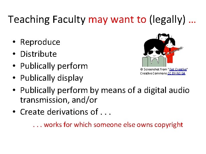 Teaching Faculty may want to (legally) … Reproduce Distribute Publically perform Publically display Publically