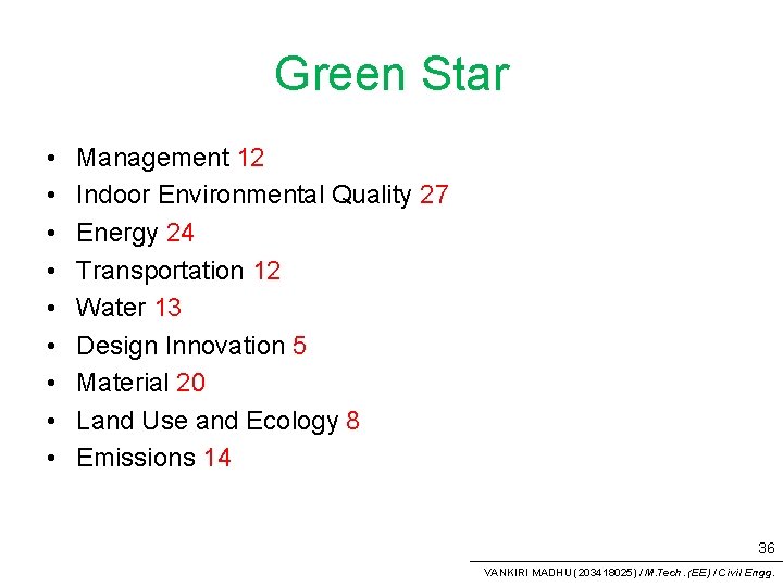 Green Star • • • Management 12 Indoor Environmental Quality 27 Energy 24 Transportation