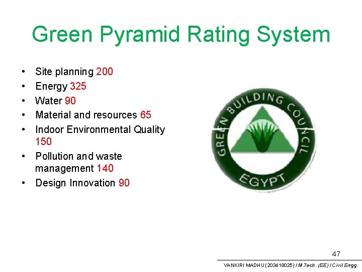 Green Pyramid Rating System • • • Site planning 200 Energy 325 Water 90