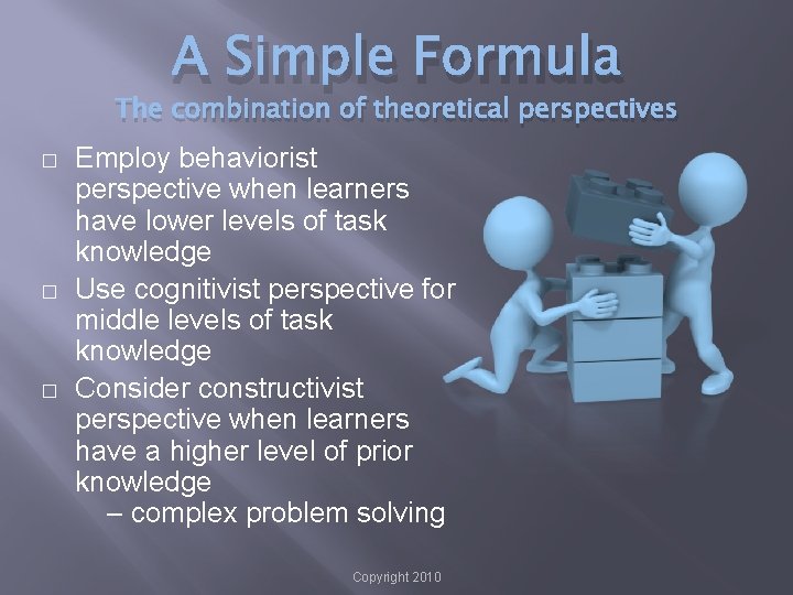 A Simple Formula The combination of theoretical perspectives � � � Employ behaviorist perspective