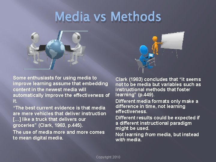 Media vs Methods Some enthusiasts for using media to improve learning assume that embedding
