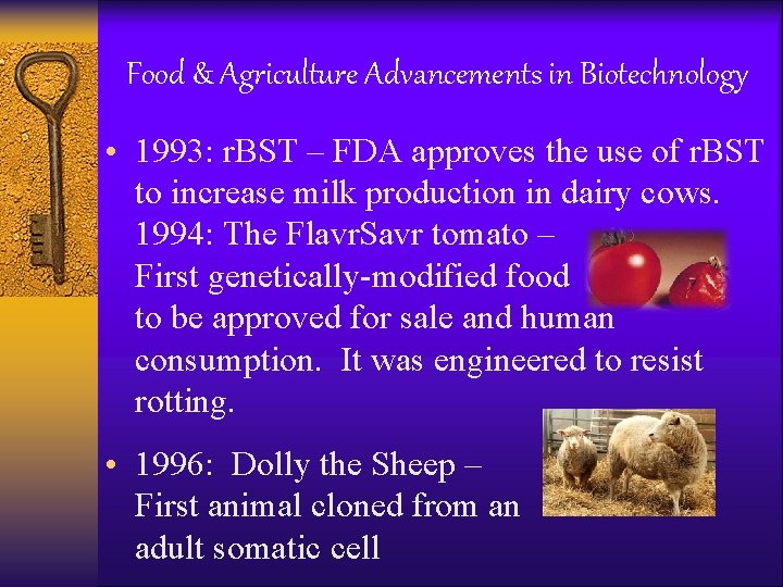 Food & Agriculture Advancements in Biotechnology • 1993: r. BST – FDA approves the
