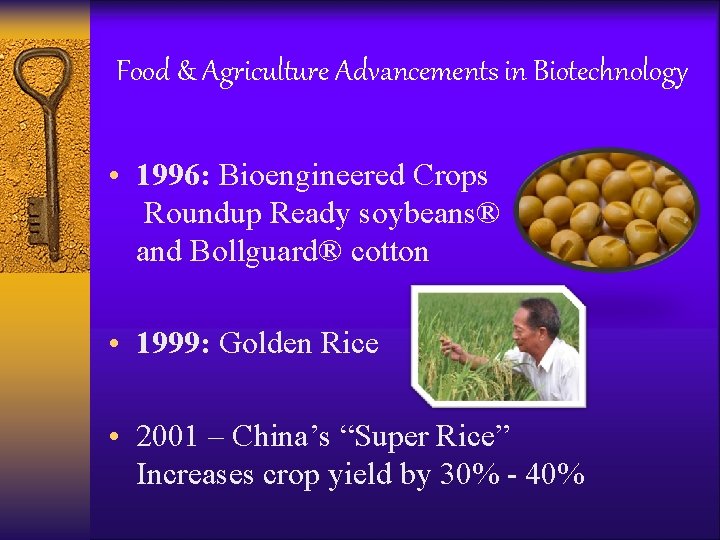Food & Agriculture Advancements in Biotechnology • 1996: Bioengineered Crops Roundup Ready soybeans® and