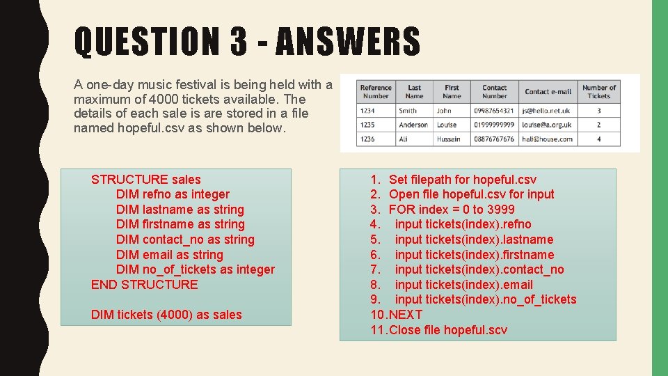 QUESTION 3 - ANSWERS A one-day music festival is being held with a maximum