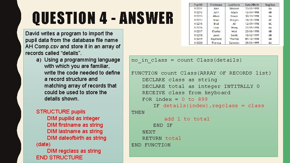 QUESTION 4 - ANSWER David writes a program to import the pupil data from