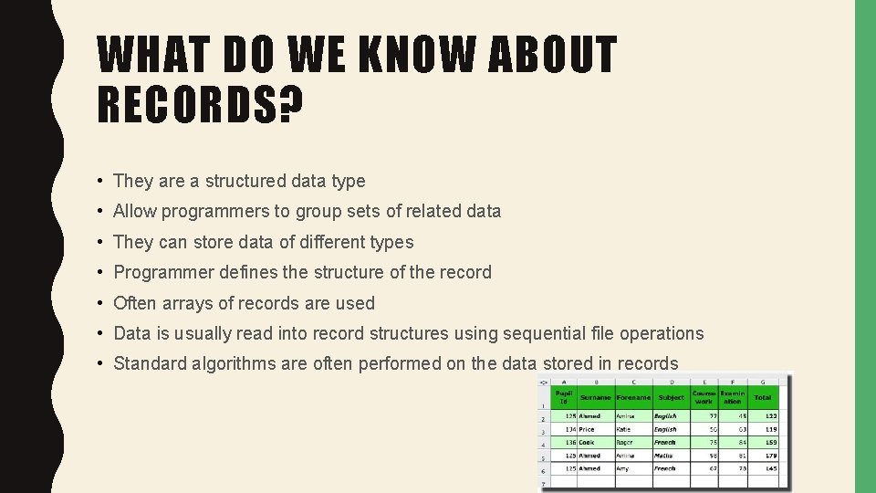 WHAT DO WE KNOW ABOUT RECORDS? • They are a structured data type •