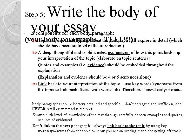 Write the body of your essay Step 5: 4 components for each body paragraph: