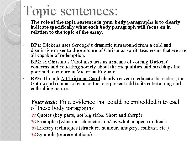 Topic sentences: The role of the topic sentence in your body paragraphs is to