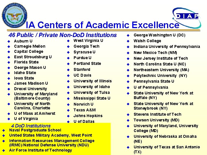 IA Centers of Academic Excellence 46 Public / Private Non-Do. D Institutions u u
