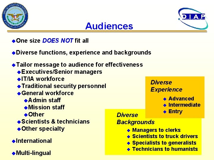 Audiences u. One size DOES NOT fit all u. Diverse functions, experience and backgrounds