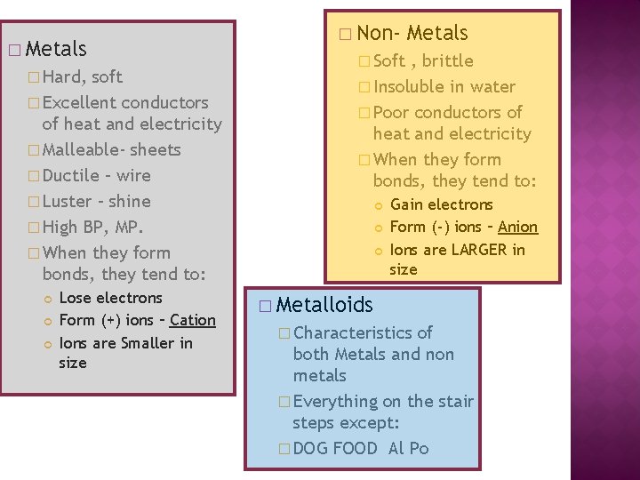 � Metals � Hard, soft � Excellent conductors of heat and electricity � Malleable-