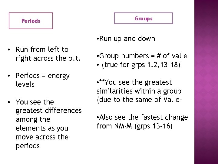 Periods Groups • Run up and down • Run from left to right across