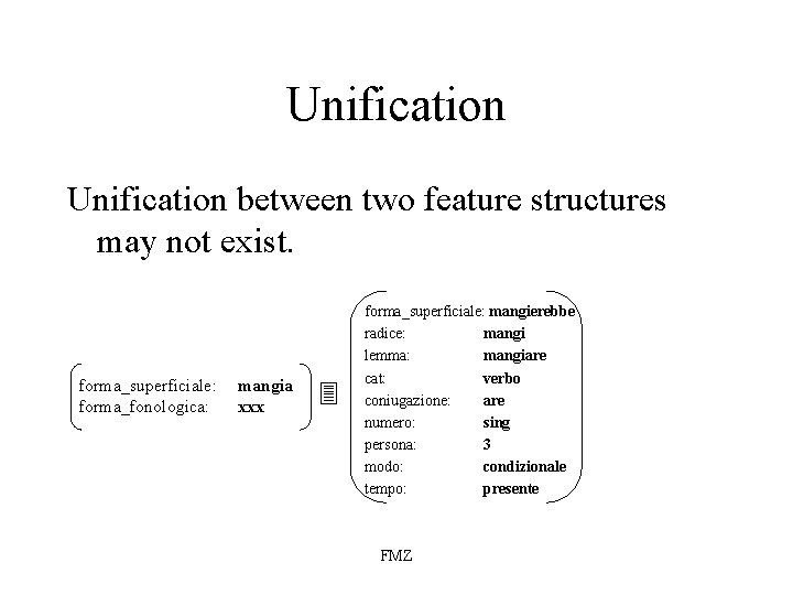 Unification between two feature structures may not exist. forma_superficiale: forma_fonologica: mangia xxx forma_superficiale: mangierebbe