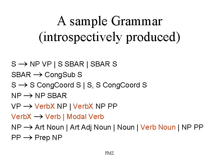 A sample Grammar (introspectively produced) S NP VP | S SBAR | SBAR S