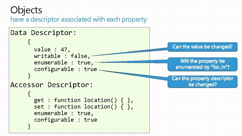 Objects have a descriptor associated with each property Data Descriptor: { } value :