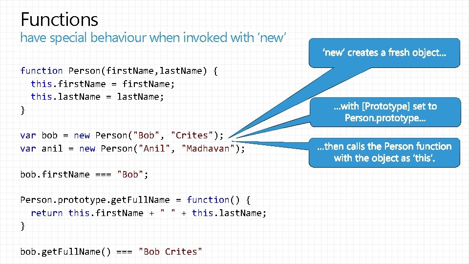 Functions have special behaviour when invoked with ‘new’ function Person(first. Name, last. Name) {